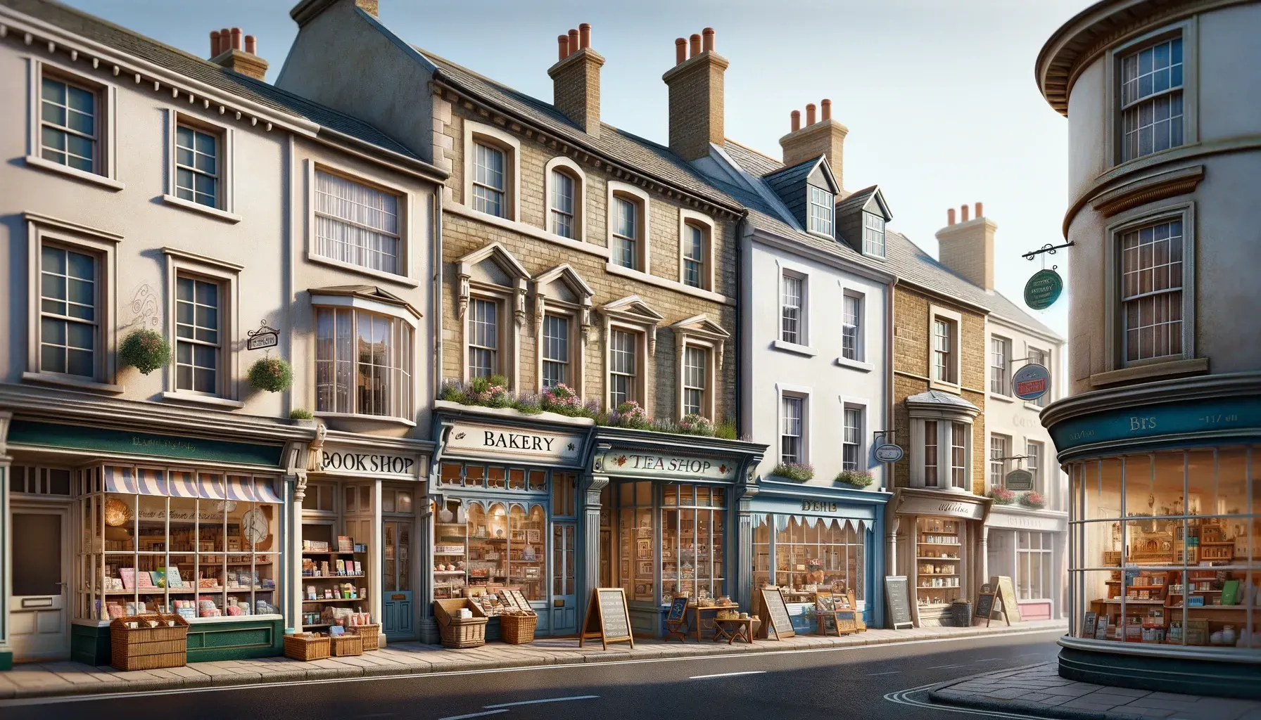 a row of shops on the side of a street