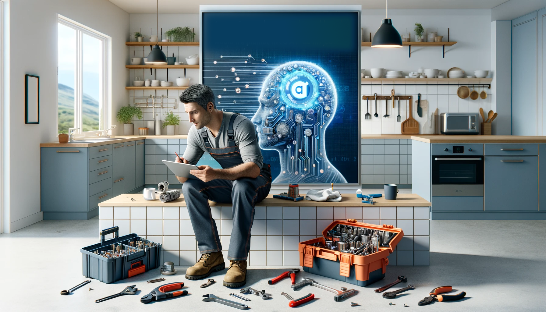 a plumber is sitting on a bench in a kitchen looking at a tablet