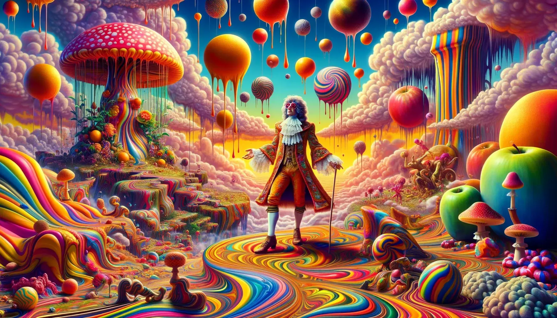 a painting of a man standing in a colorful world surrounded by mushrooms and fruits .