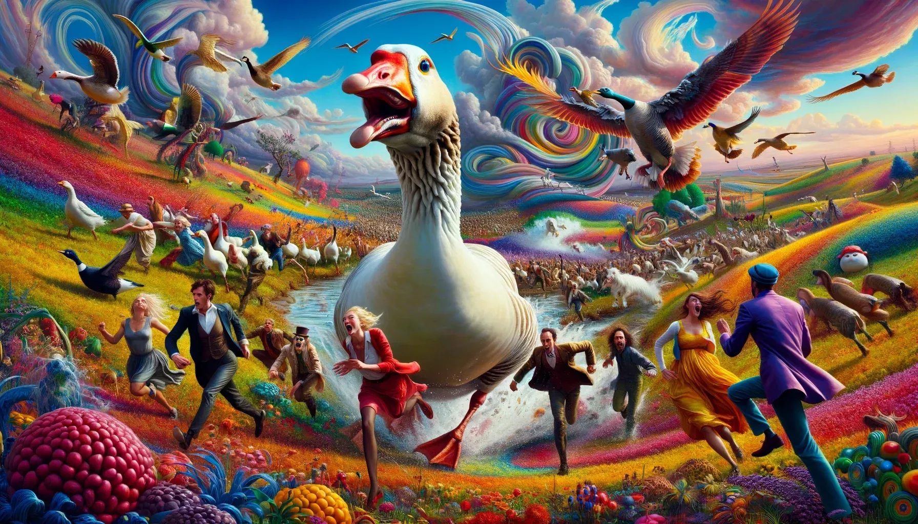 a painting of a man standing in a colorful world surrounded by mushrooms and fruits .