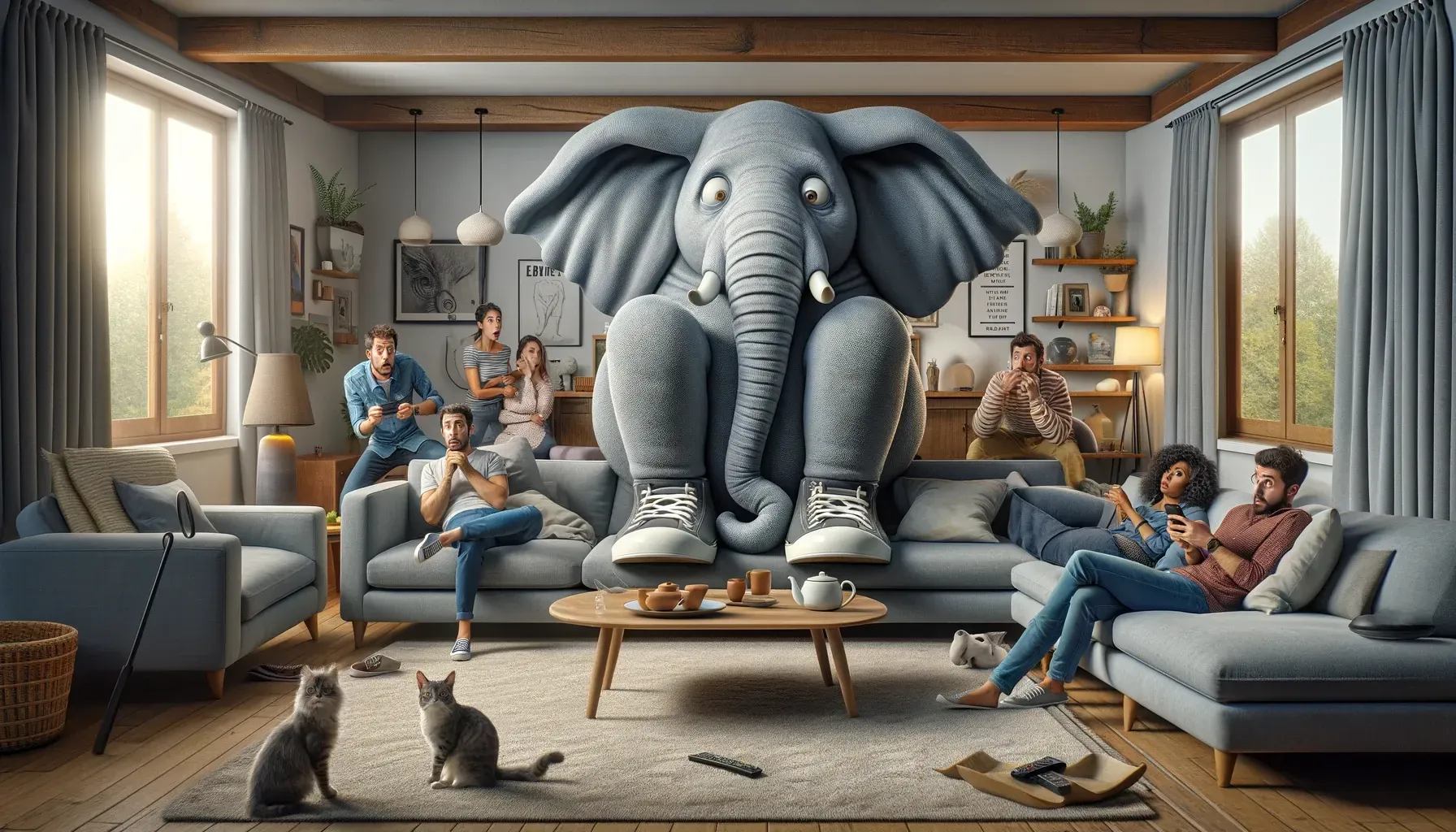 a group of people are sitting on couches in a living room with a giant elephant in the background .