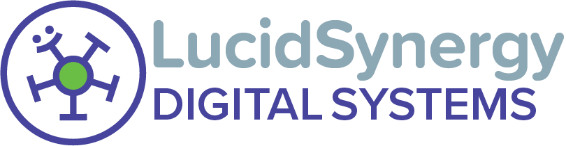 LucidSynergy Digital Systems logo with purple and green network icon and text on white background