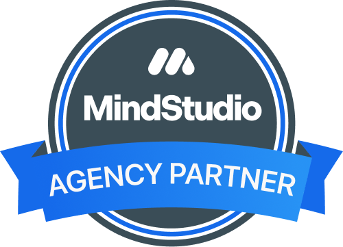 A logo for mindstudio agency partner with a blue ribbon