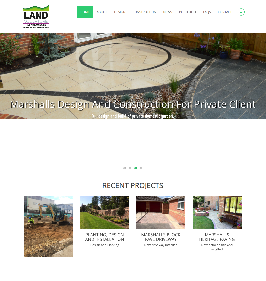Landscaping company website homepage with patio project hero image and recent projects section