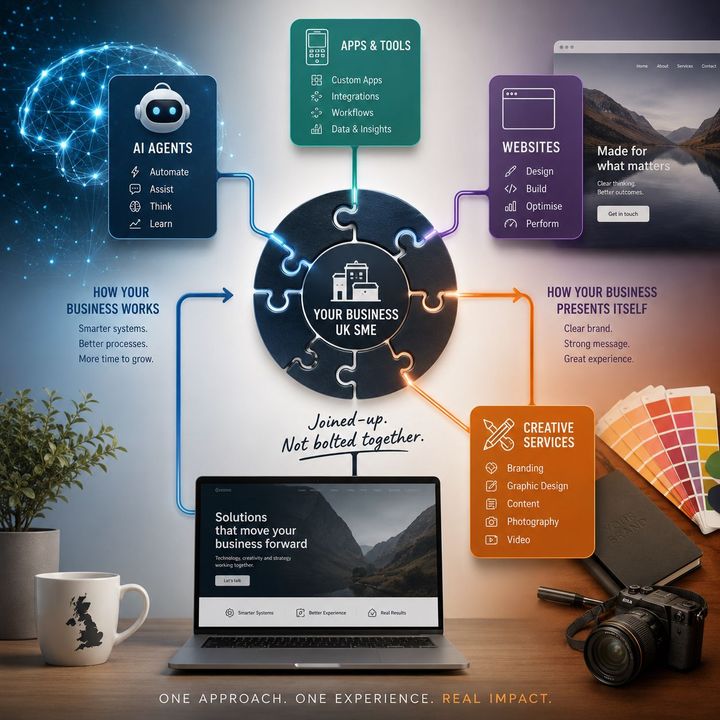 Marketing workflow infographic with connected colored cards around a central circle on a desk scene