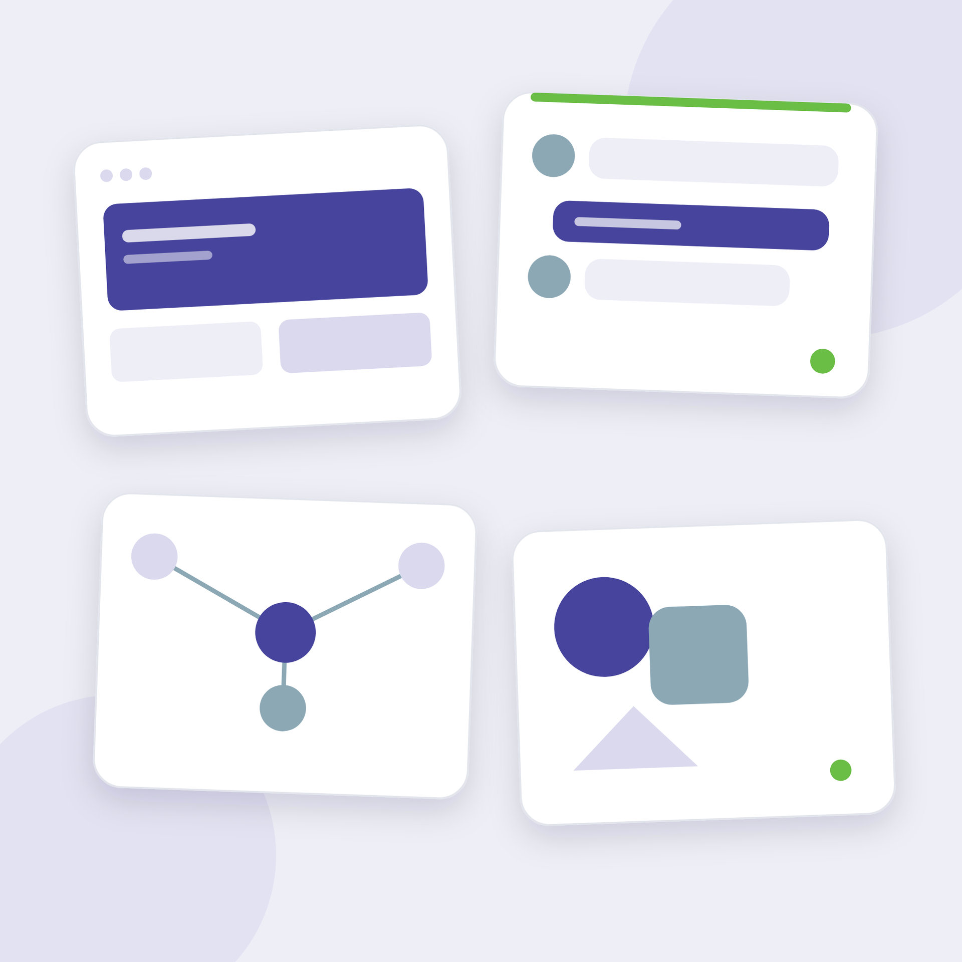 Four minimalist UI cards with blue and green accents on a light background