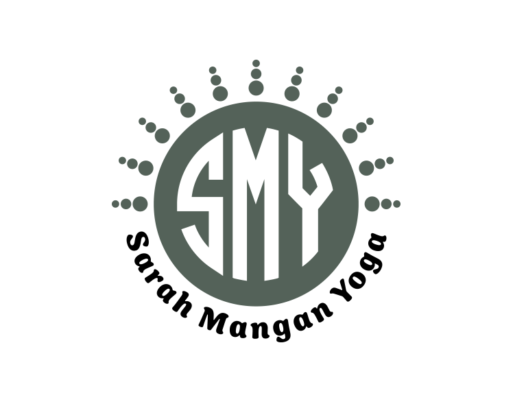 a logo for sarah mangan yoga with a sun in the middle .