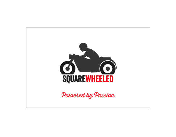 a logo for squarewheeled shows a man riding a motorcycle