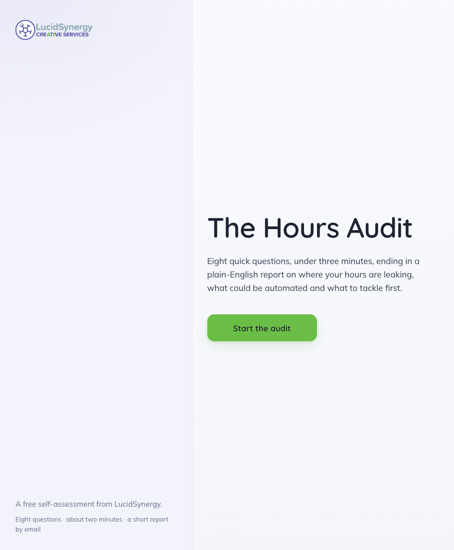“The Hours Audit” landing page with light gray layout and green “Get started” button