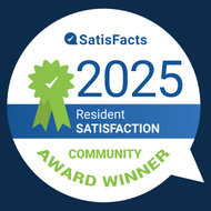SatisFacts 2025 Resident Satisfaction Community Award Winner badge. White, blue, and green color scheme.