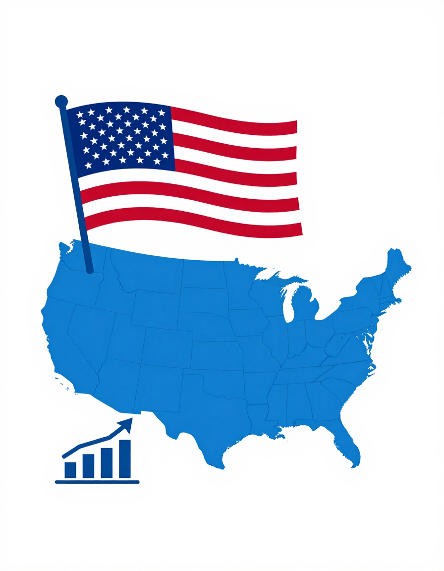 USA map highlighted in blue with American flag and growth chart on white background
