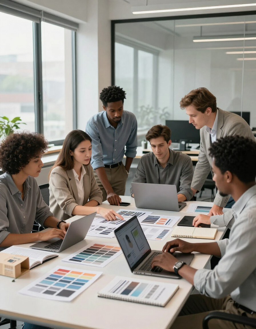 Marketing team collaborating on brand strategy