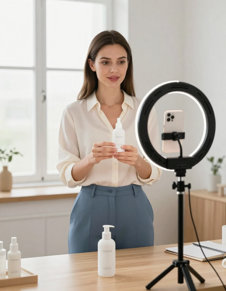 Content creator filming a product for social media