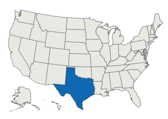 Map of the United States with Texas highlighted in blue