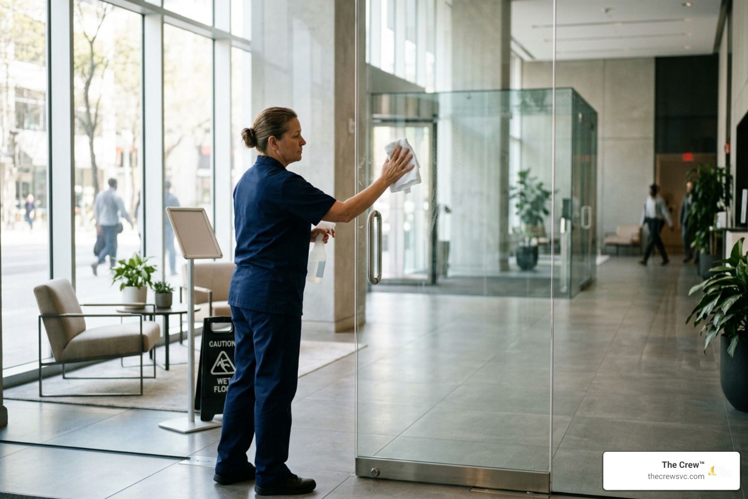 Professional janitor maintaining a modern commercial lobby