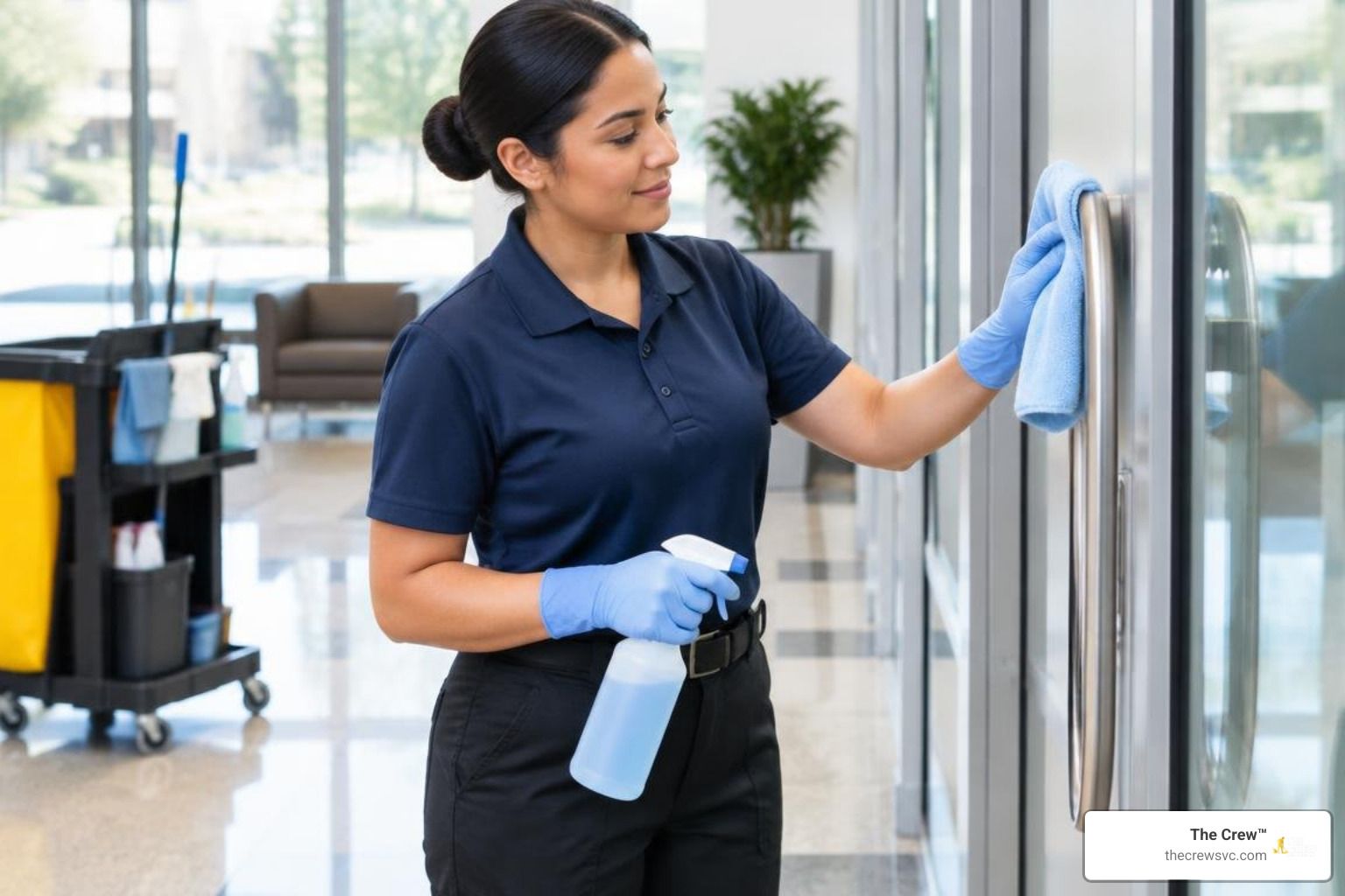Photorealistic day porter cleaning a commercial office lobby