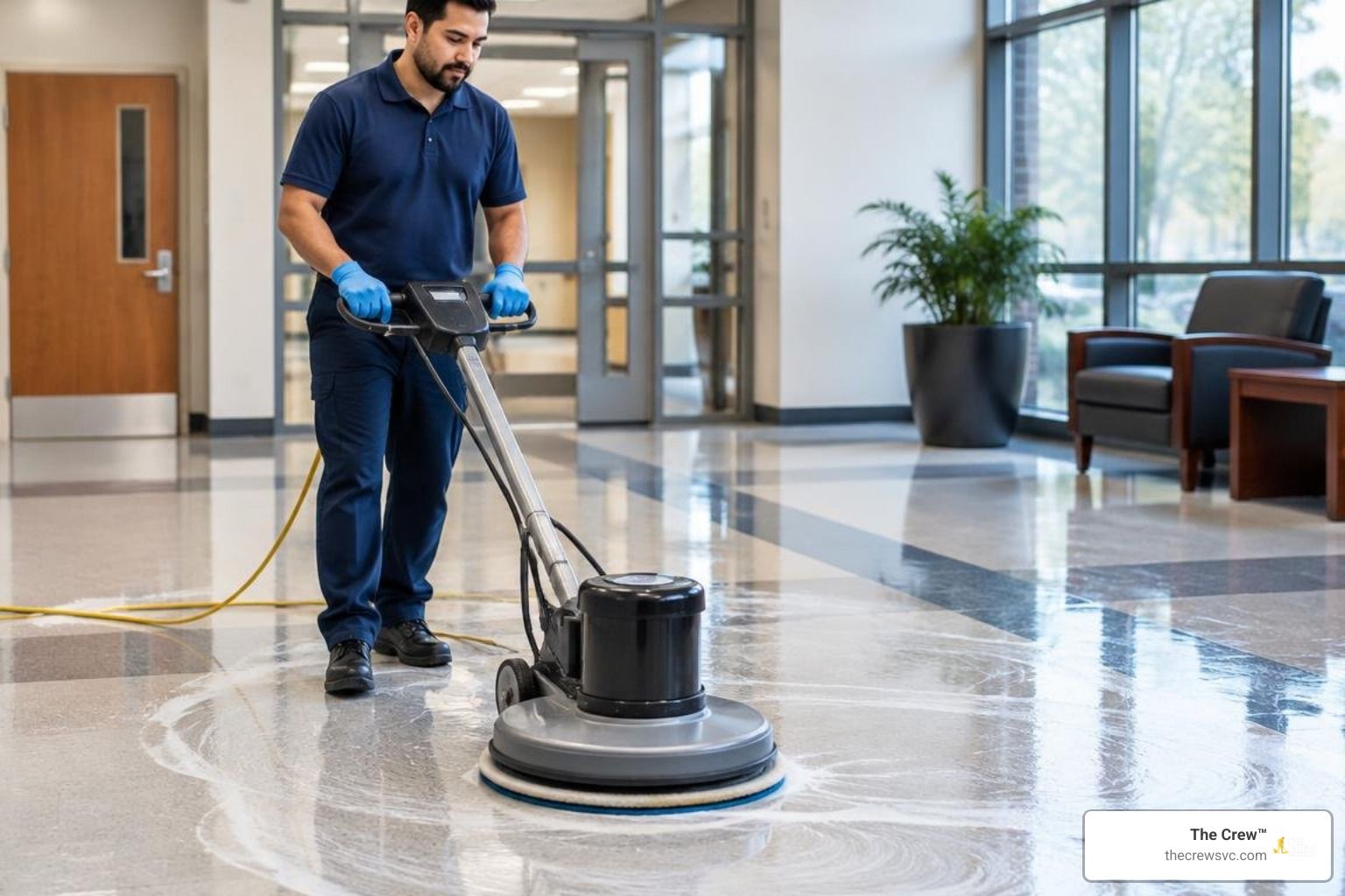 floor care technician stripping and waxing commercial vinyl tile
