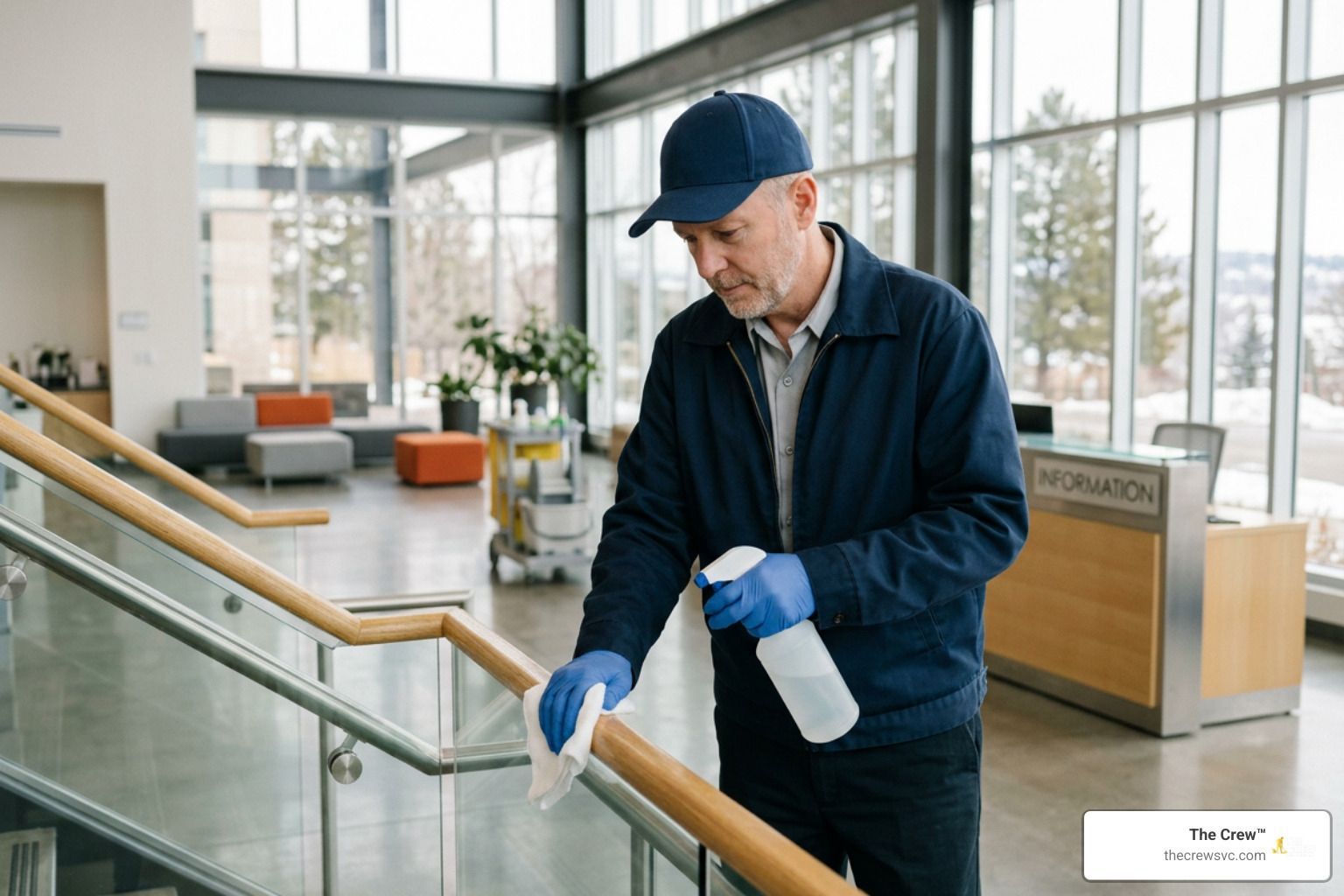 Professional day porter sanitizing commercial building space in Littleton
