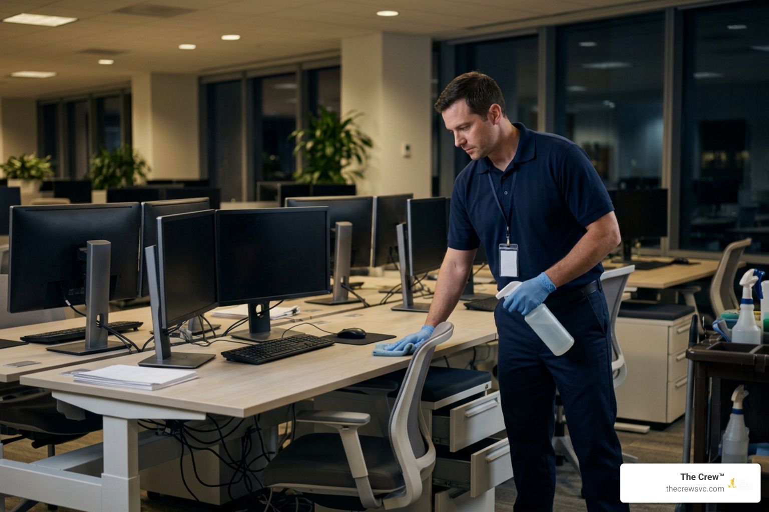 Commercial cleaner working safely inside a secure corporate office after hours