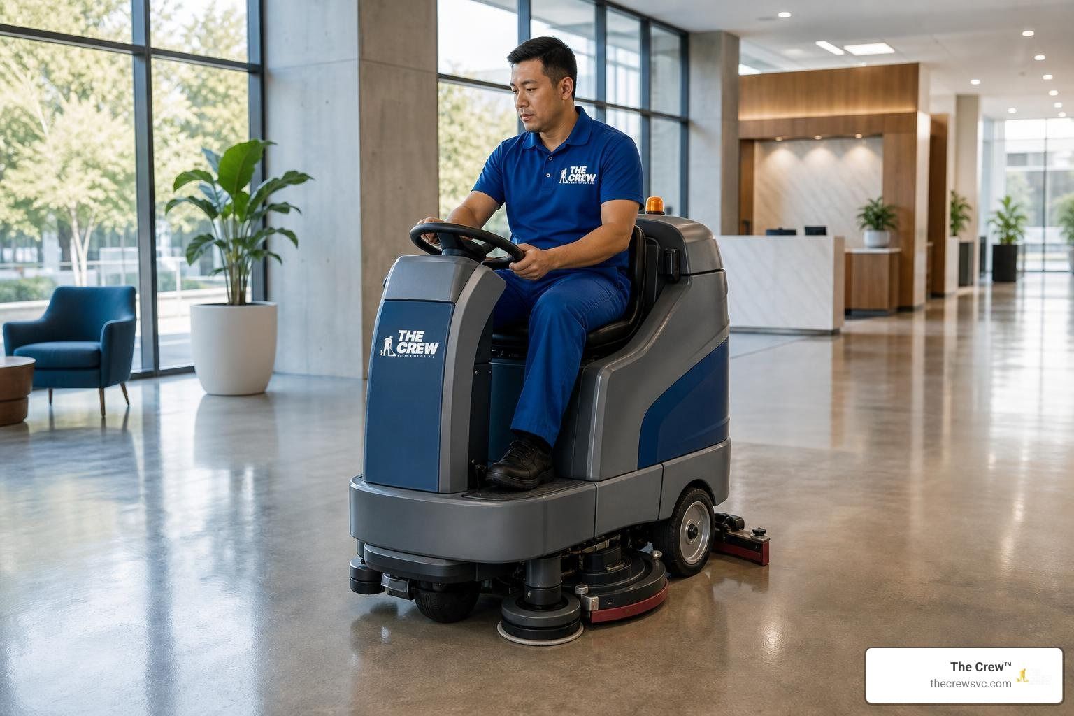 Commercial cleaner operating an automatic floor scrubber in a modern commercial facility