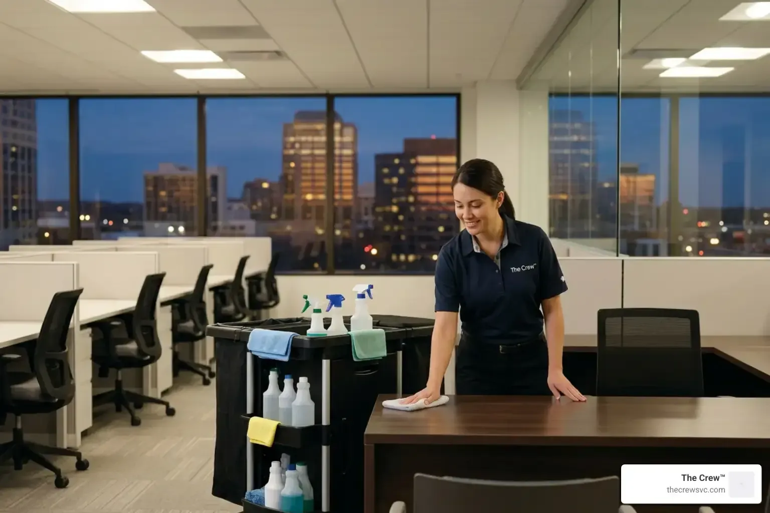 Professional cleaner wiping down office furniture during after-hours commercial cleaning service