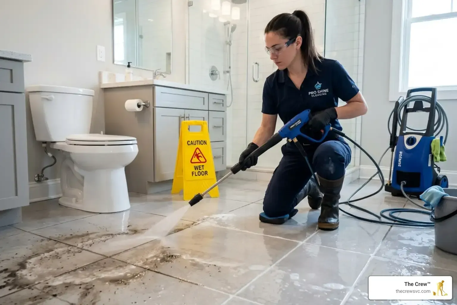 Professional tile and grout cleaning service in a residential bathroom.