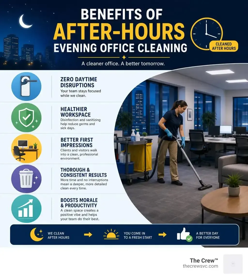 Infographic showing the benefits of after-hours evening office cleaning for businesses