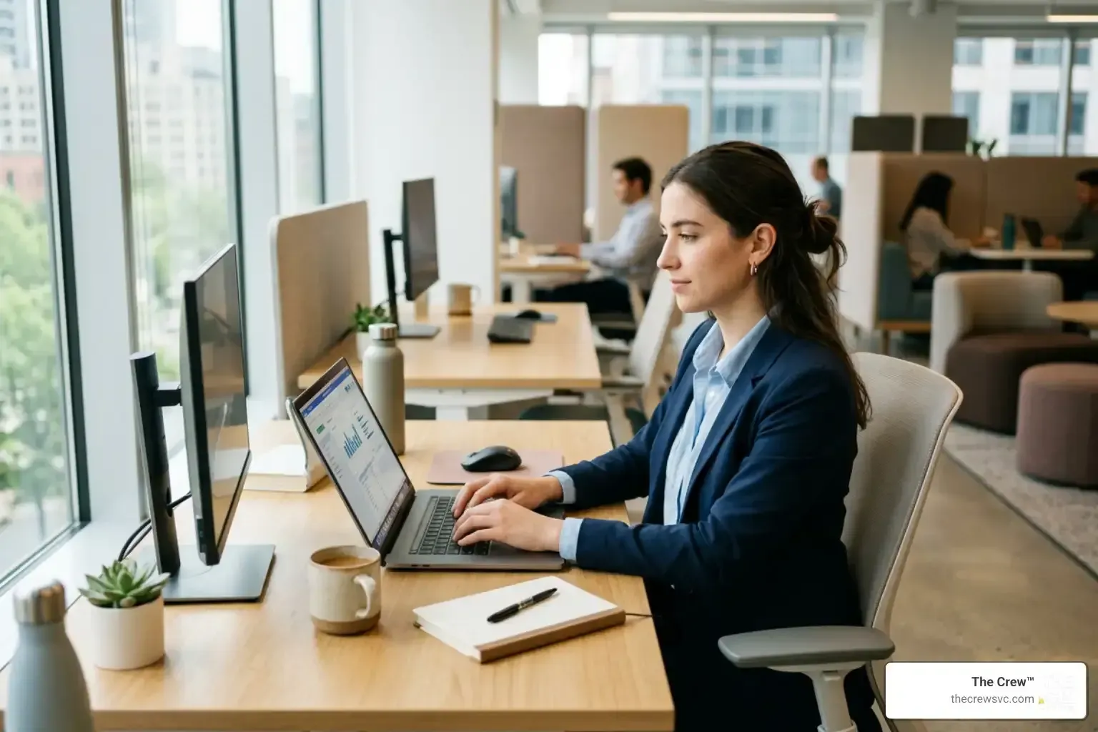 Employee working in a clean and healthy hybrid-office environment