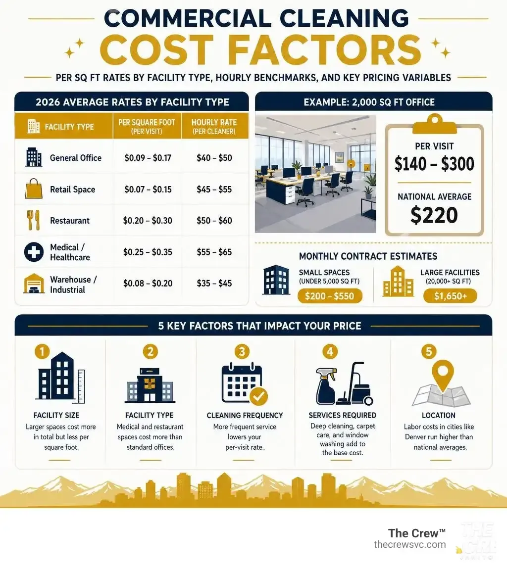 Commercial cleaning cost factors infographic showing facility rates, pricing benchmarks, and key variables affecting cleaning costs.