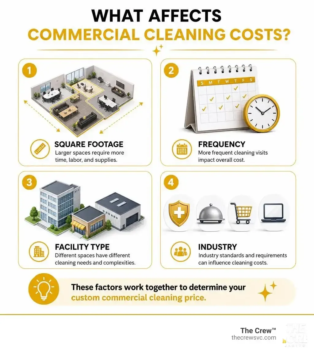 Infographic showing commercial cleaning cost factors: square footage, frequency, facility type, and industry.