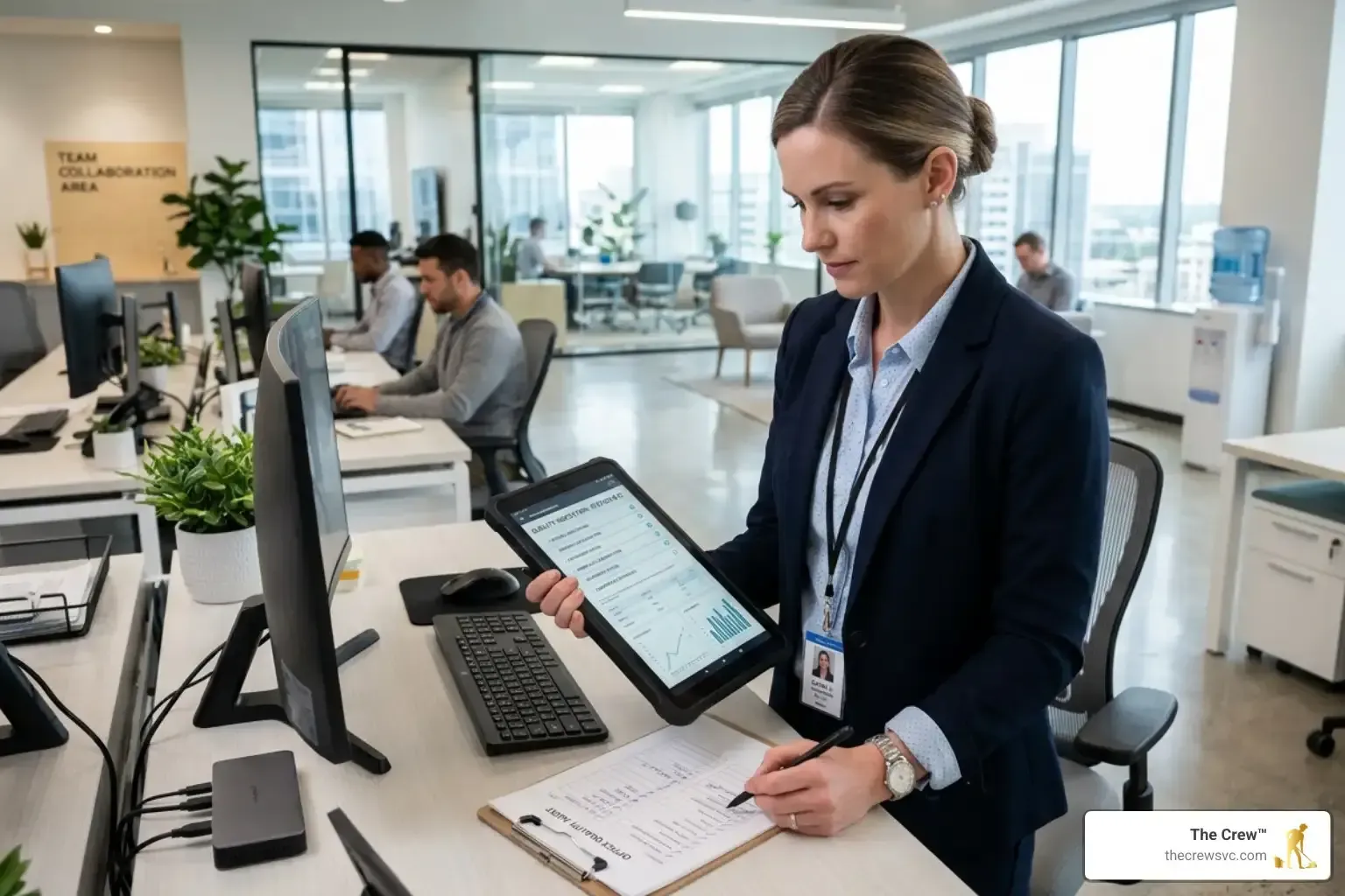 A supervisor conducting a quality inspection with a checklist and tablet in a clean office space. - Which commercial