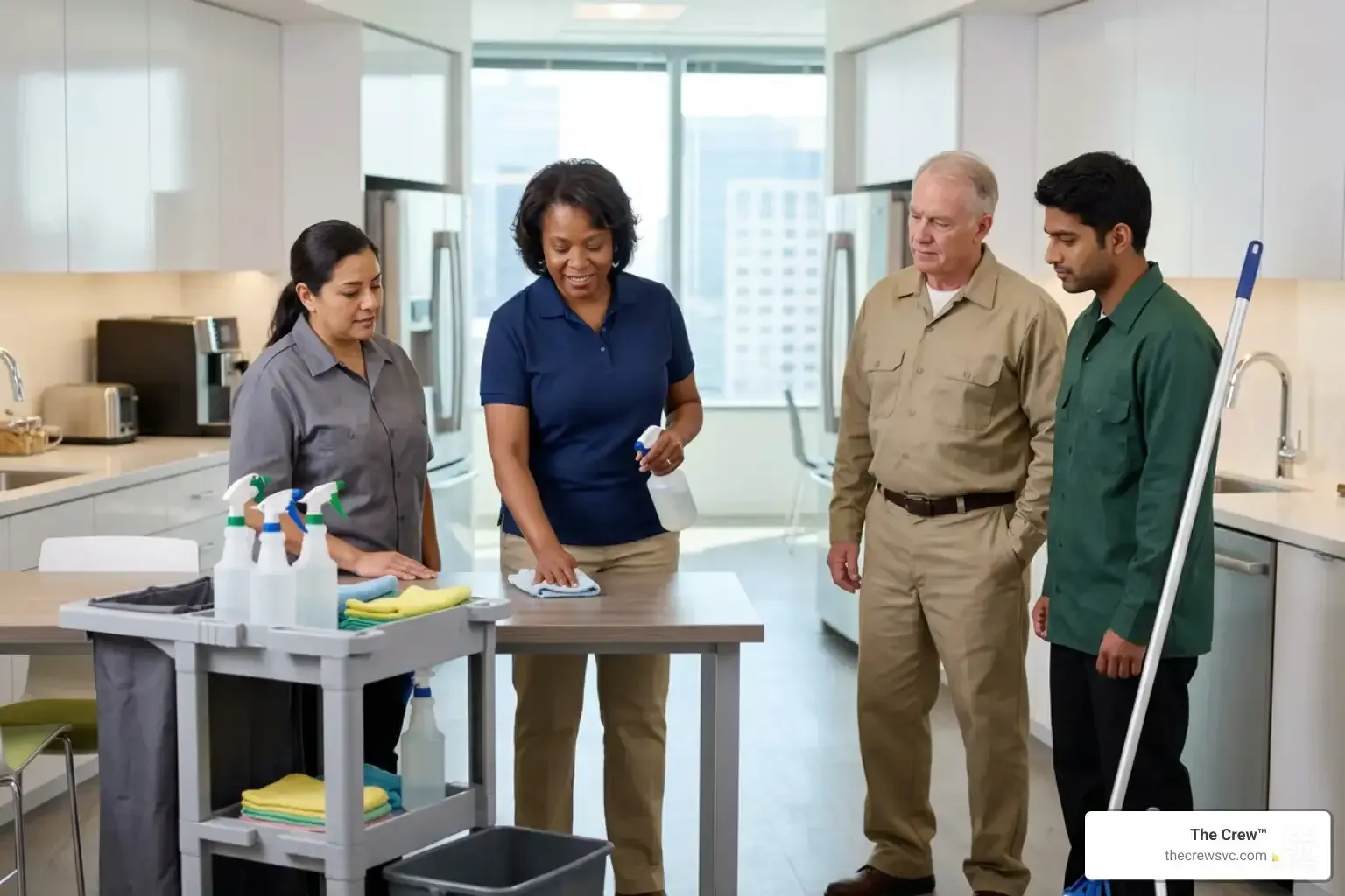 A cleaning supervisor training staff on proper sanitization techniques