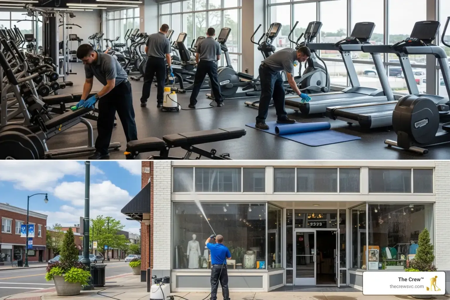 Professional cleaners maintaining gym equipment and washing commercial storefront windows.