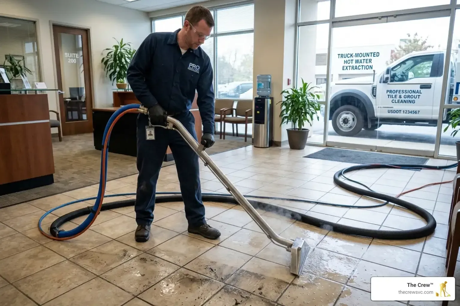 Professional technician performing commercial tile and grout cleaning in a lobby area