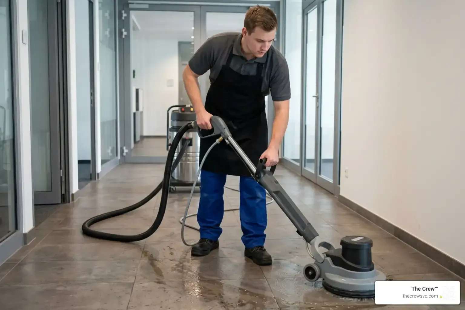 Professional technician operating a high-pressure tile extraction tool on a commercial floor