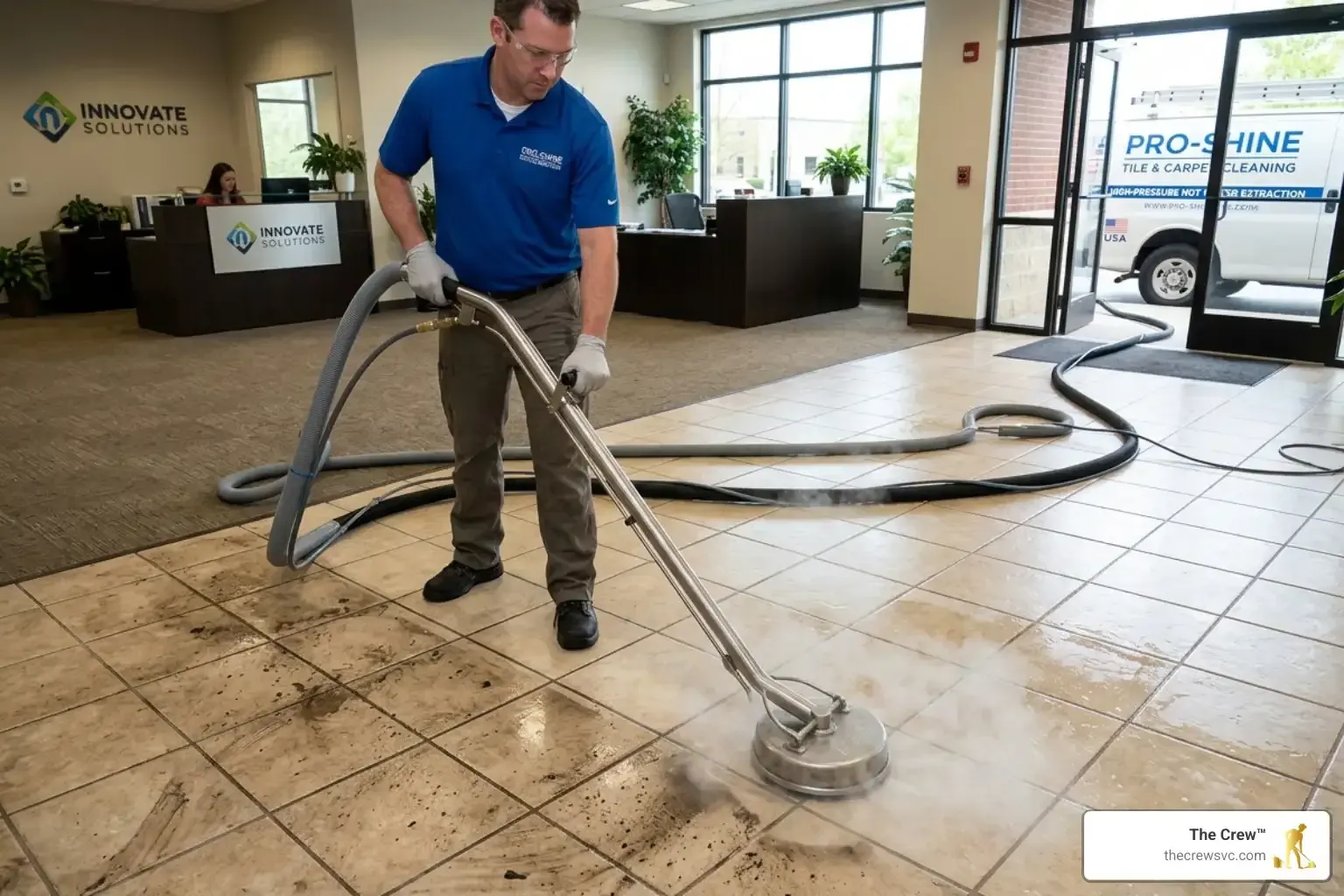 Professional tile and grout cleaning service using high-pressure surface cleaning equipment in a commercial lobby