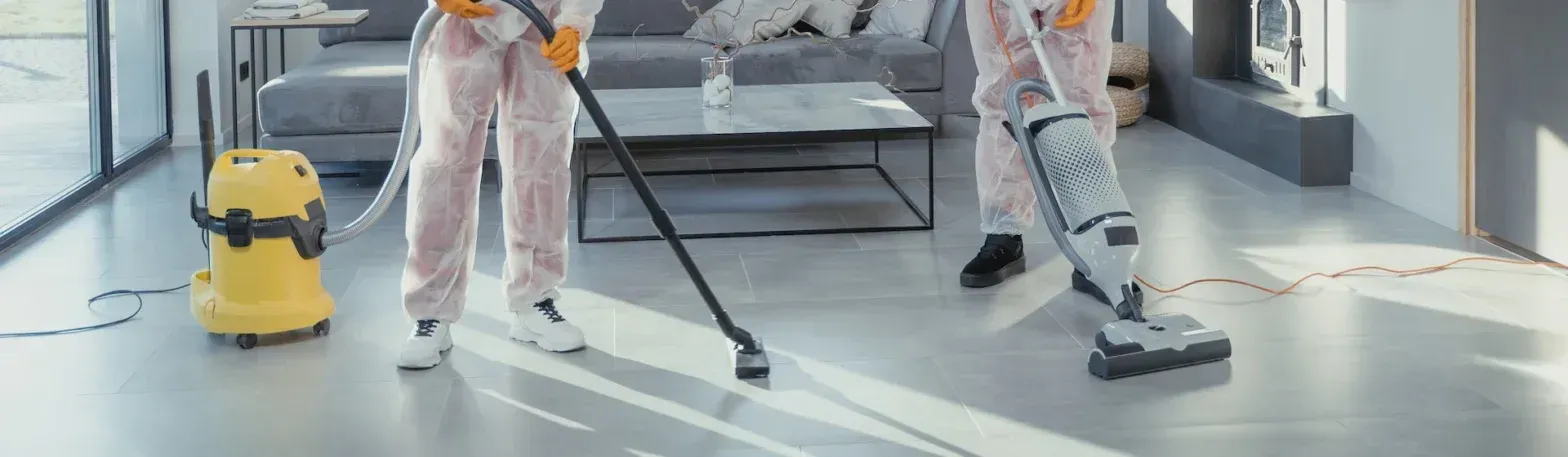 Two cleaners in white coveralls mopping a bright tiled floor beside a yellow vacuum cleaner