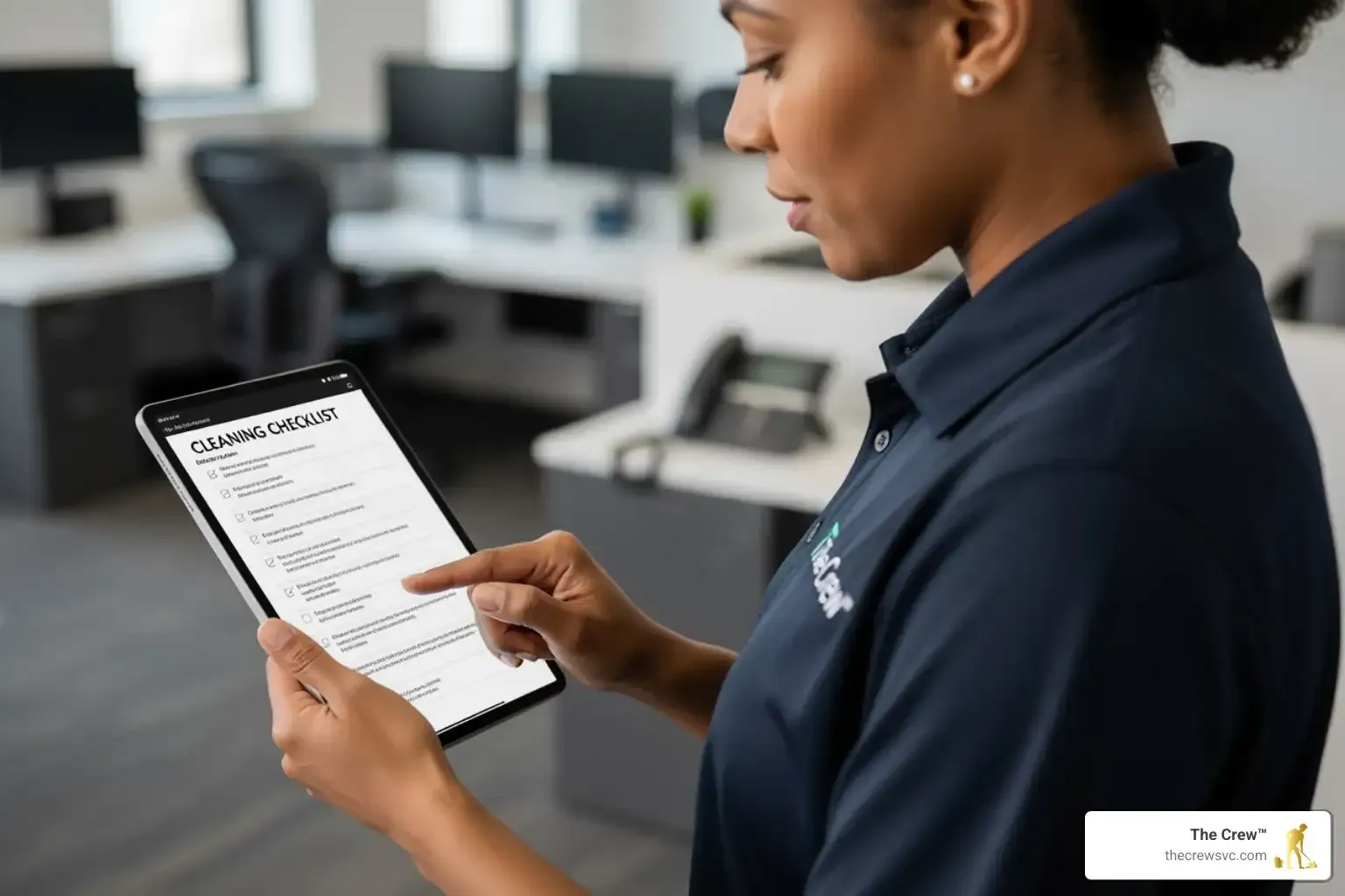 A cleaning supervisor using a digital tablet to go through a comprehensive cleaning checklist