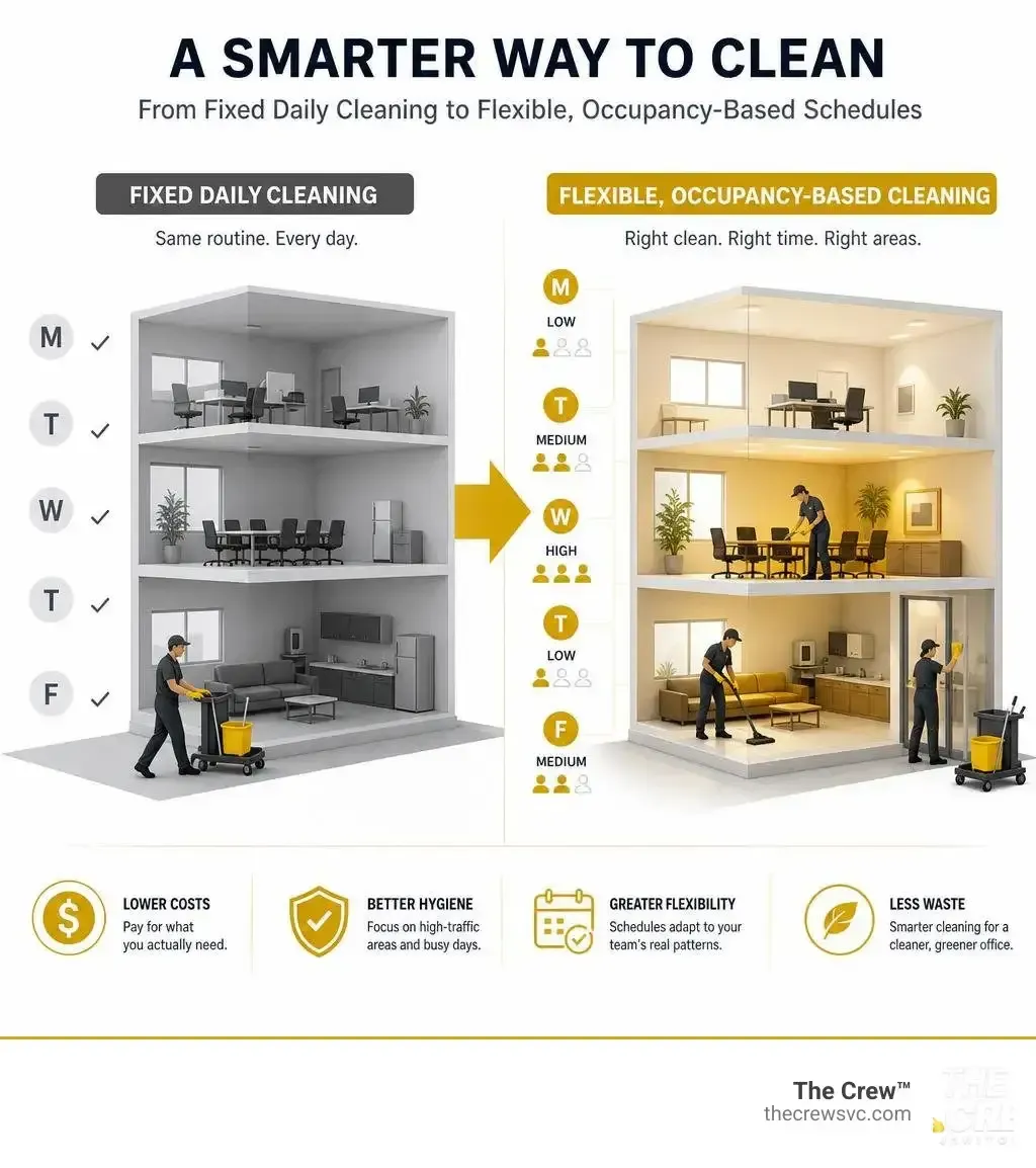 infographic showing shift from fixed daily cleaning to flexible occupancy-based office cleaning schedules