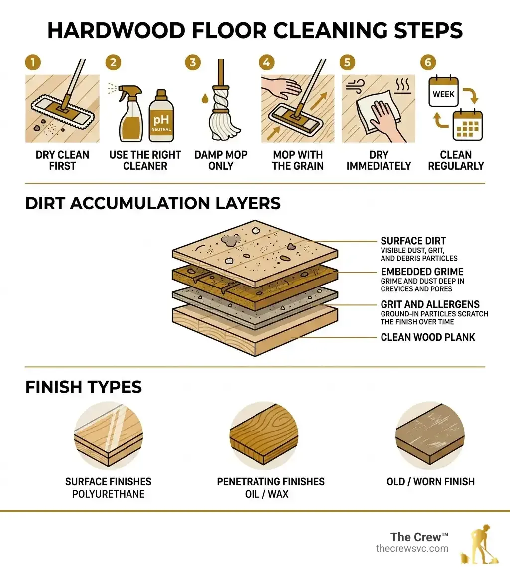 Infographic showing hardwood floor cleaning steps, dirt accumulation layers, and finish types - hardwood floor cleaning