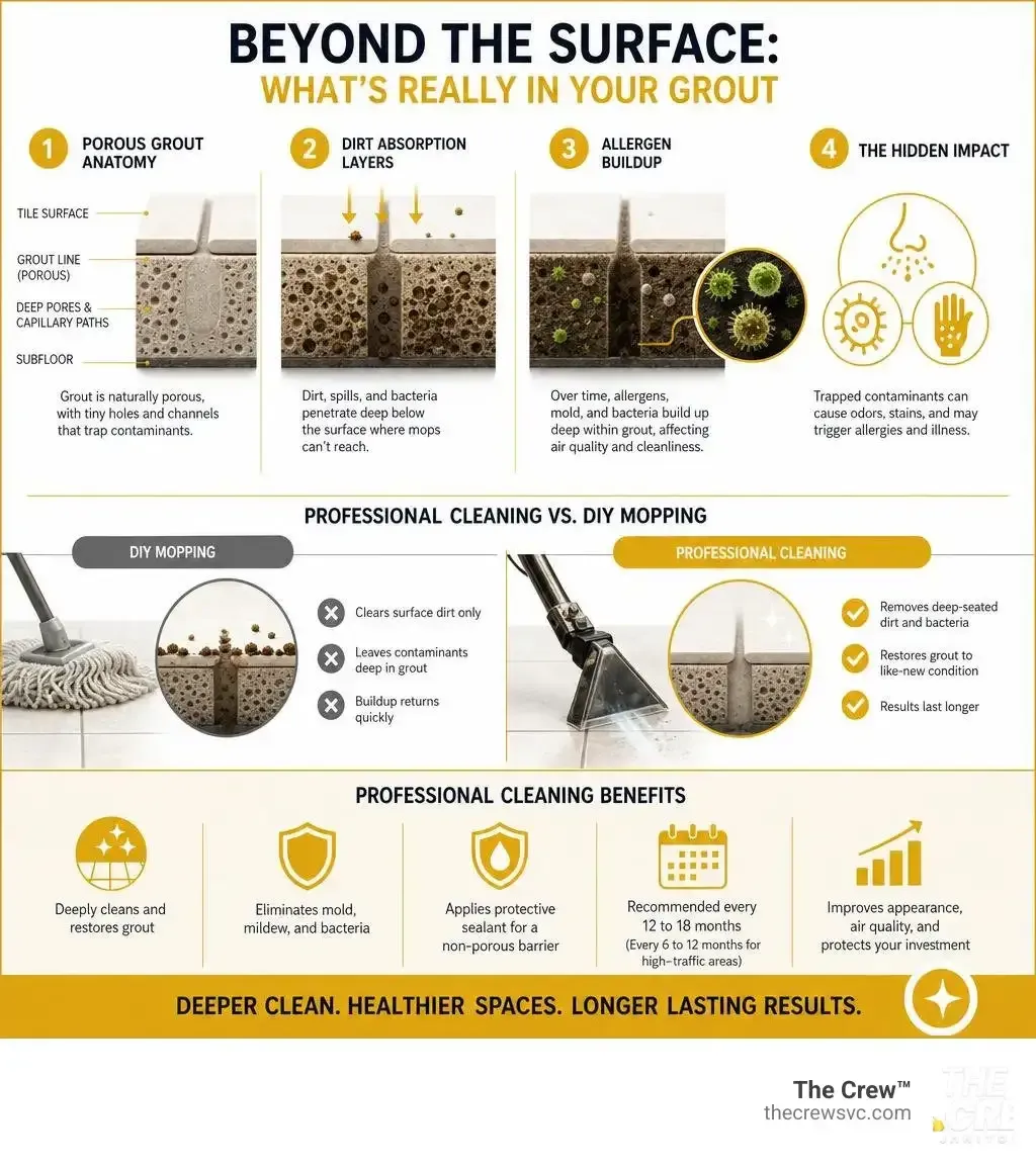 Infographic showing porous grout anatomy, dirt absorption, allergen buildup, and professional grout cleaning benefits