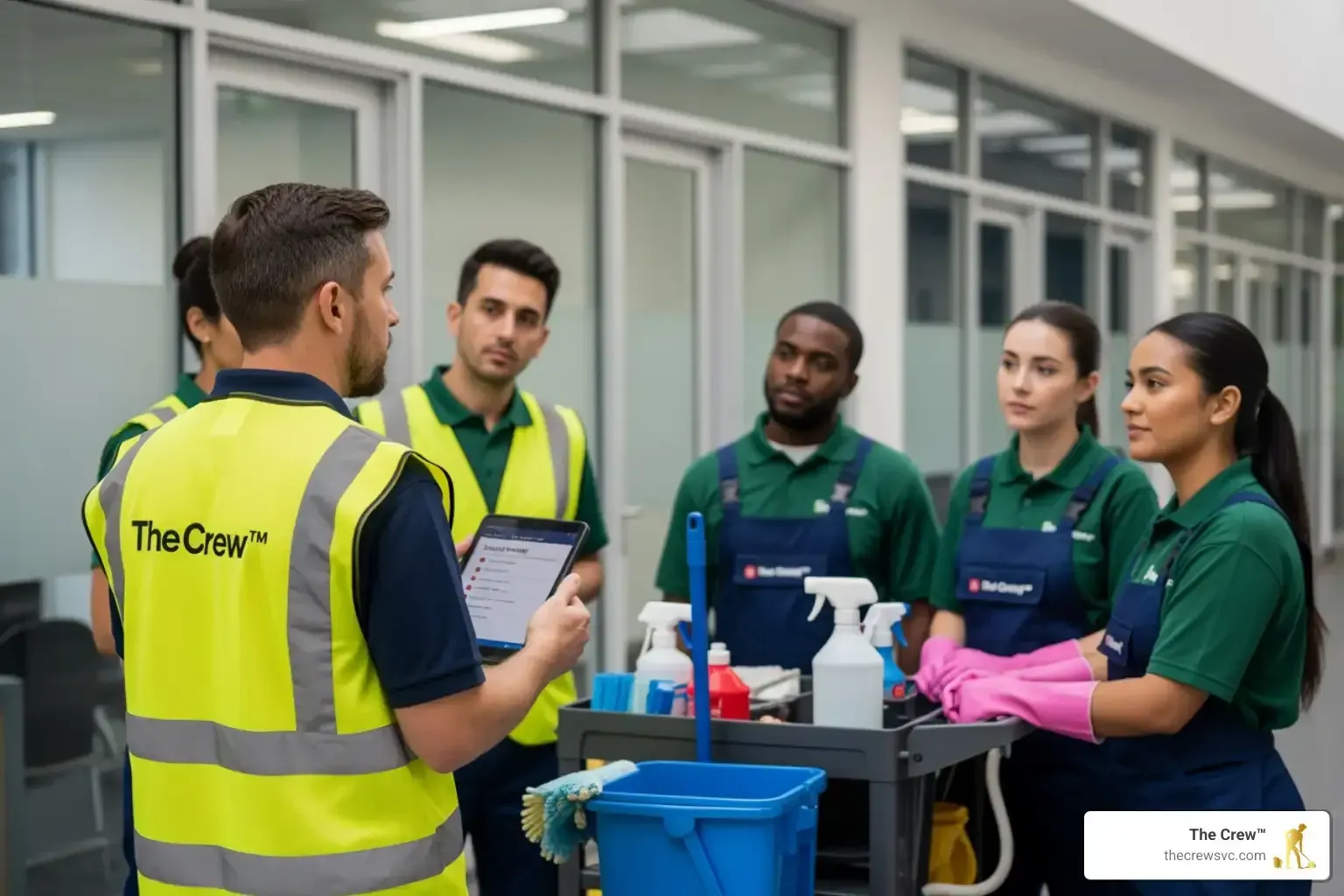 A supervisor in a high-visibility vest conducting a safety briefing with a cleaning crew