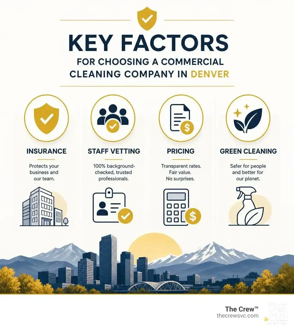 Infographic highlighting key factors for choosing a commercial cleaning company in Denver, including insurance, staff vetting, transparent pricing, and eco-friendly cleaning practices.