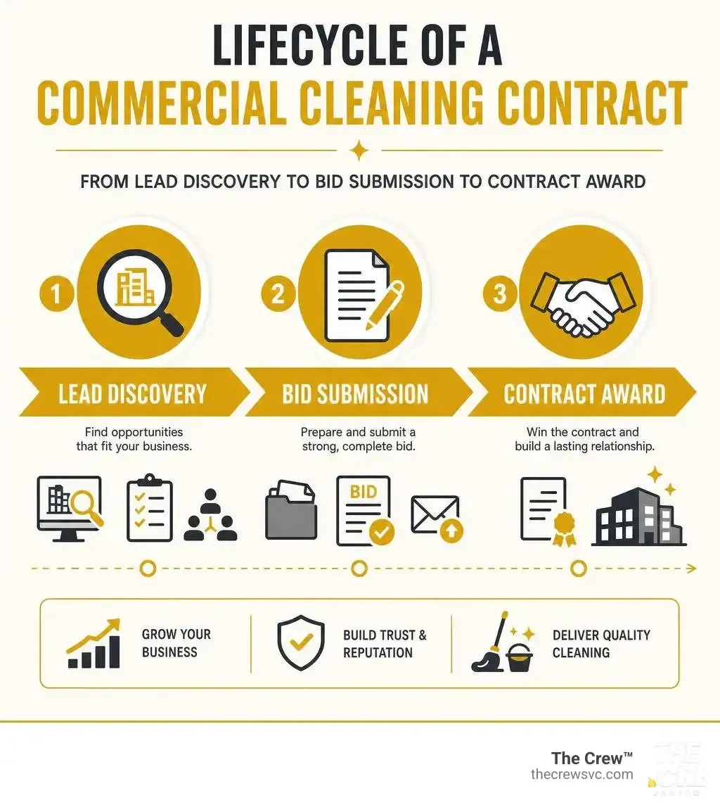 Lifecycle of a commercial cleaning contract from lead discovery to bid submission to contract award infographic