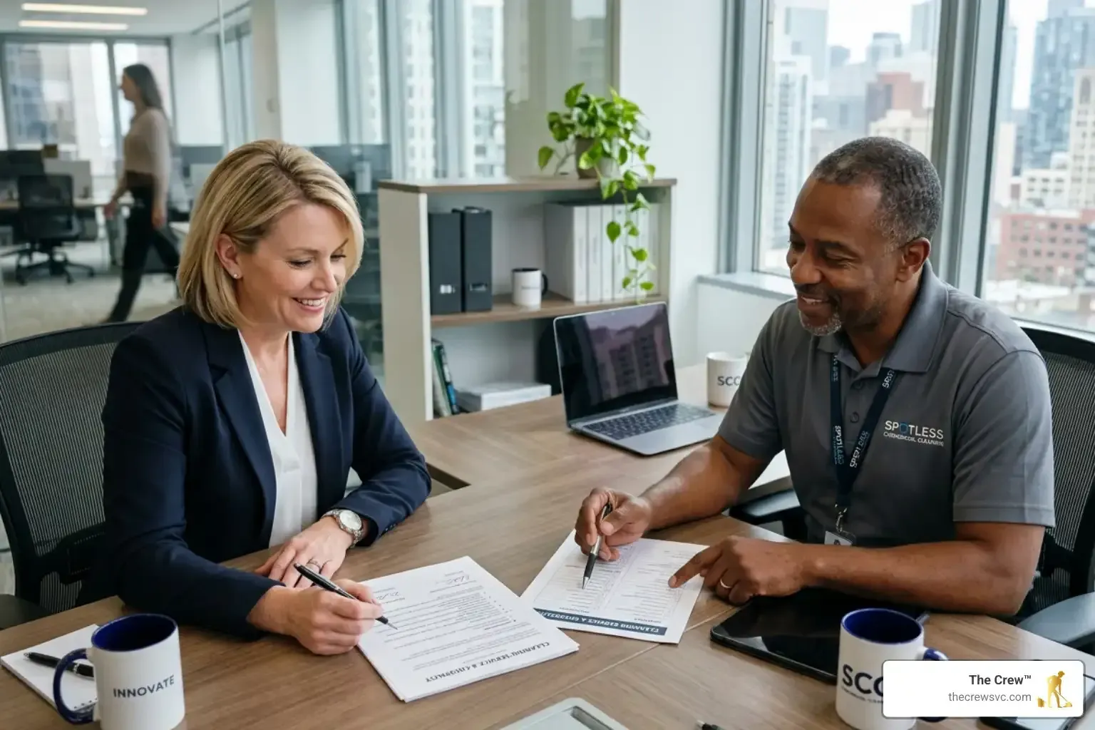 Professional office cleaning consultation with a client