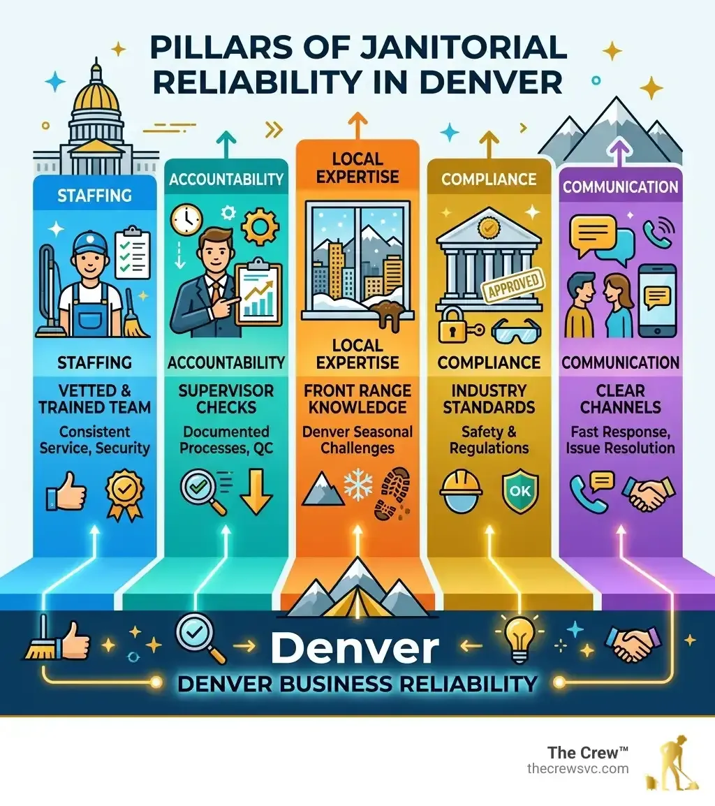 Pillars of janitorial reliability in Denver: staffing, accountability, local expertise, compliance, communication—reliable