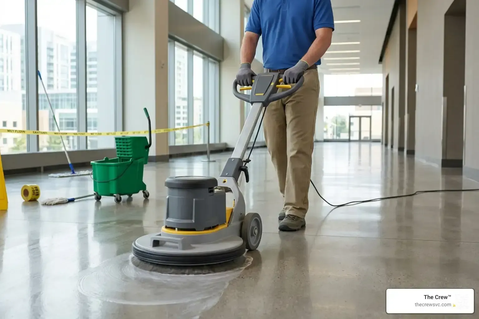 Commercial cleaning professional operating a floor buffer to polish a large office hallway floor with janitorial equipment nearby during routine facility maintenance.