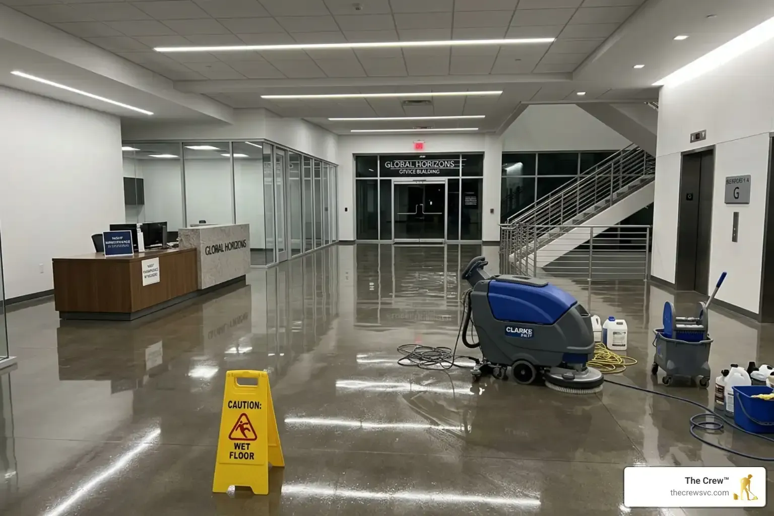 Commercial floor cleaning and polishing in office lobby