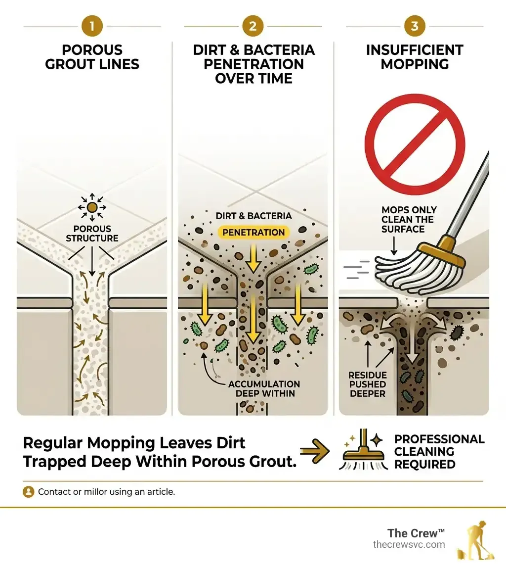 Infographic showing how dirt and bacteria become trapped in porous grout lines and why professional grout cleaning is needed.