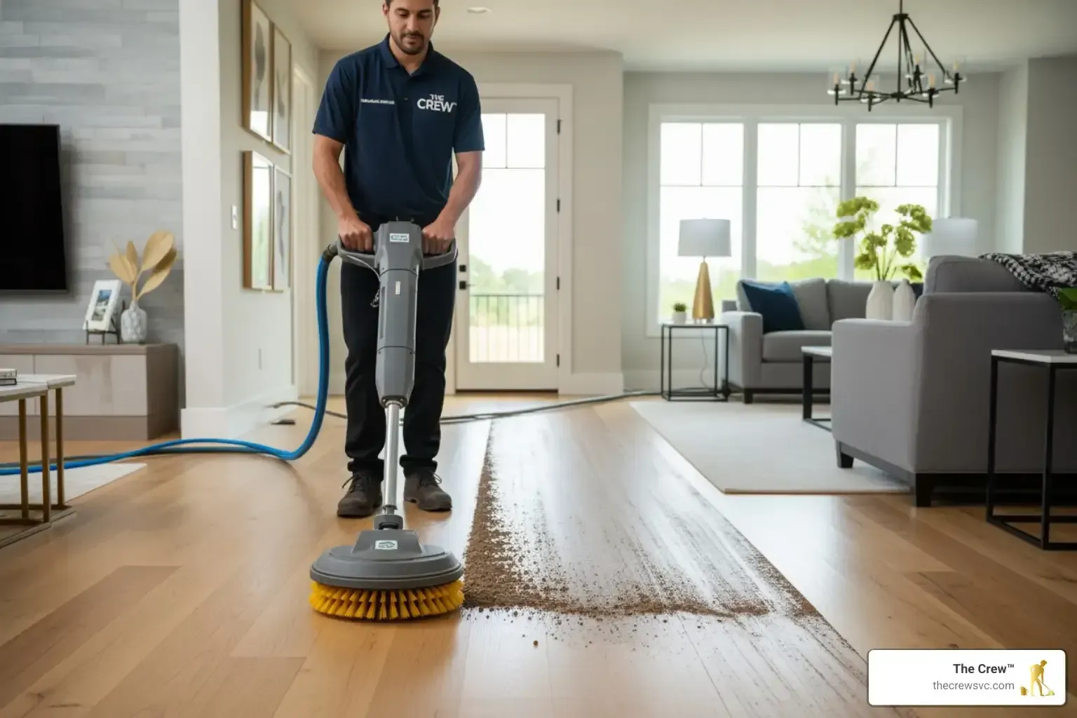 A professional technician using a high-speed rotary brush to extract dirt from hardwood floors